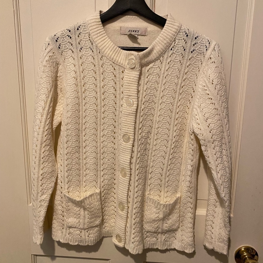 Vintage Jenny Acrylic Knit Cream Cardigan PETITE LARGE